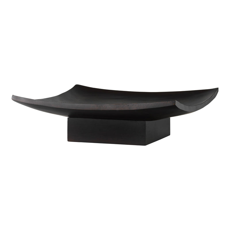 Elegant, dark wooden bowl with smooth, sculptural edges and a matte black finish on a solid base. Perfect for decor.