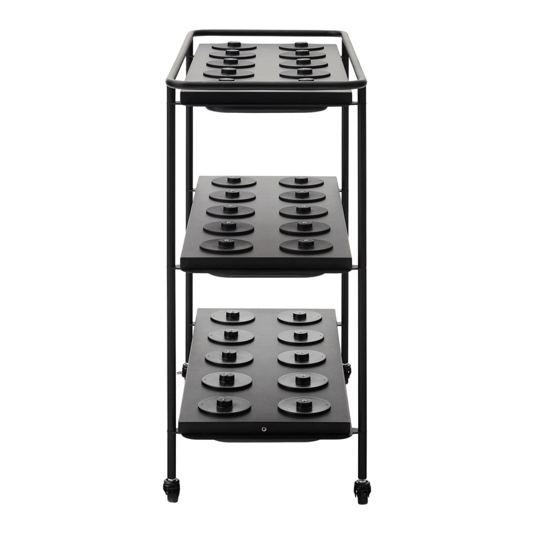 Three-tier rolling cart in sleek black with circular cut-out patterns on each shelf. Perfect for storage and organization.