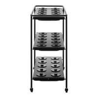 Three-tier rolling cart in sleek black with circular cut-out patterns on each shelf. Perfect for storage and organization.