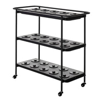 Black rolling cart with three shelves featuring a unique circular hole pattern. Sleek and modern design.