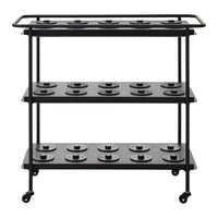 Black rolling cart with three shelves, featuring a minimalist design and circular patterns on each shelf.