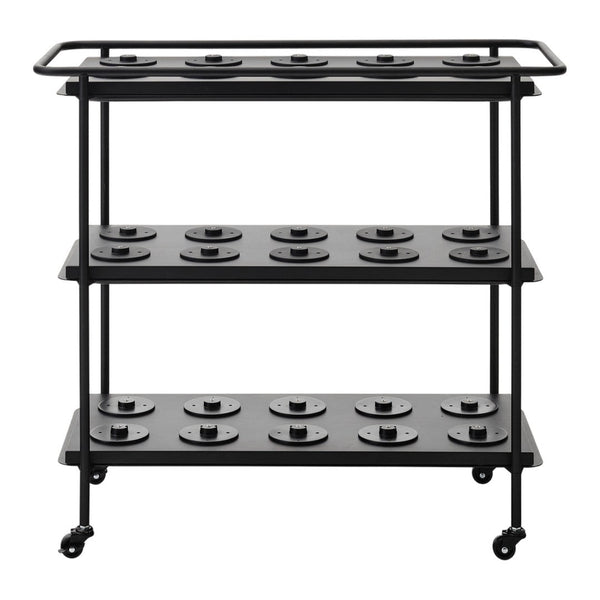 Black rolling cart with three shelves, featuring a minimalist design and circular patterns on each shelf.