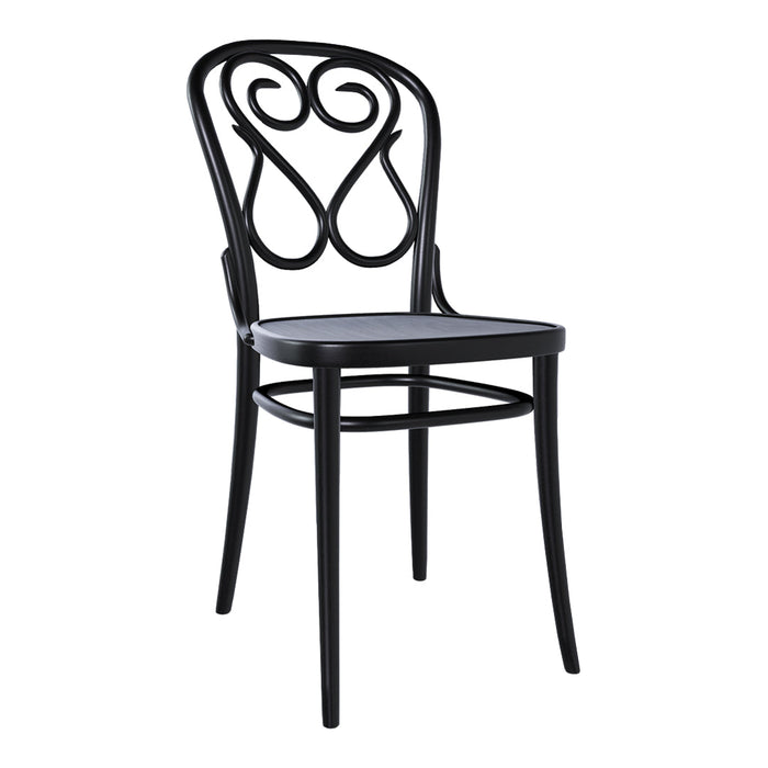 Black bentwood chair with an intricate scroll pattern on the backrest, featuring a sleek design and minimalist aesthetic.