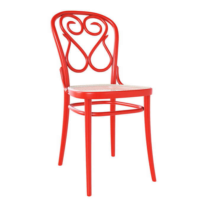 "Vibrant red metal chair with elegant heart-shaped back design and a natural woven seat."