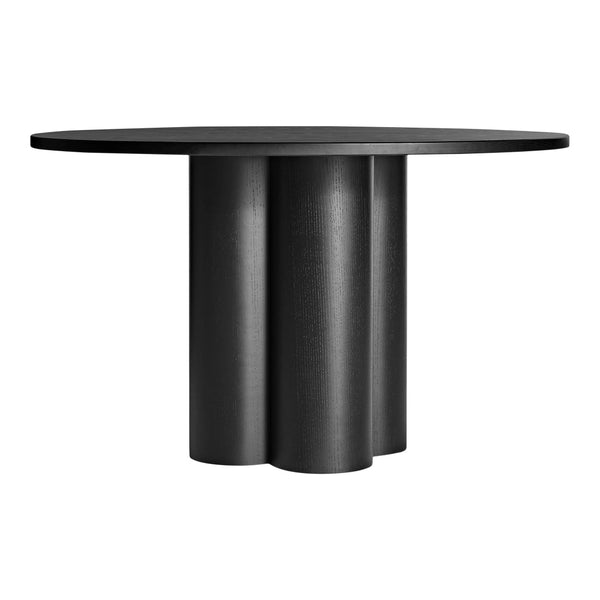 Black round table with modern cylindrical base, featuring a sleek matte finish and minimalist design for contemporary spaces.