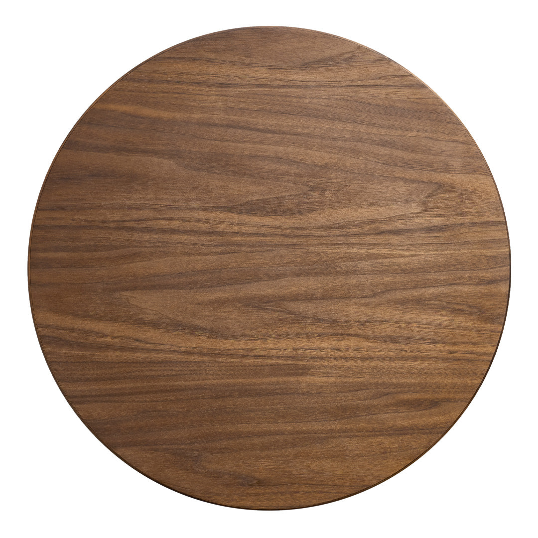 Round wooden table top with a rich walnut finish, showcasing a smooth, natural grain pattern.