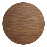 Round wooden table top with a rich walnut finish, showcasing a smooth, natural grain pattern.