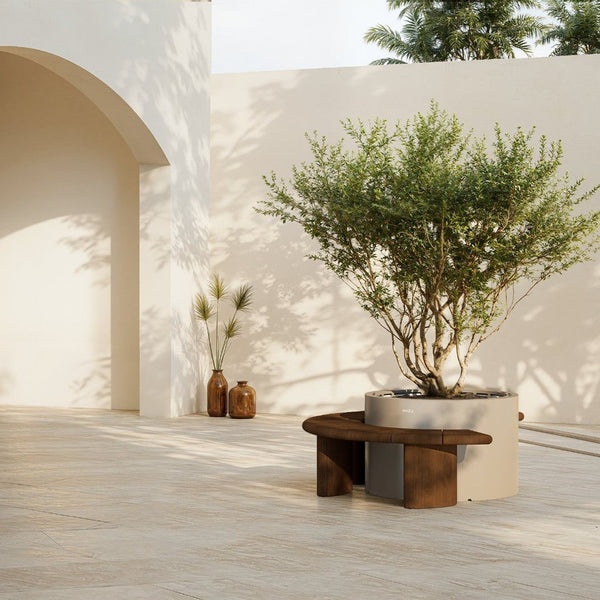"Modern outdoor furniture in earthy tones with natural wood and neutral beige surroundings, featuring minimalist design."