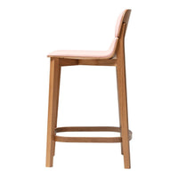Wooden bar stool with a light beige seat and natural wood legs, featuring a simple, sleek design.