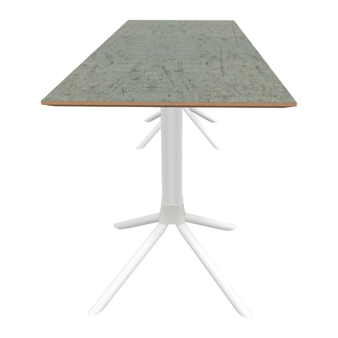 Gray speckled tabletop with natural wood edge and white tripod base, perfect for modern decor.