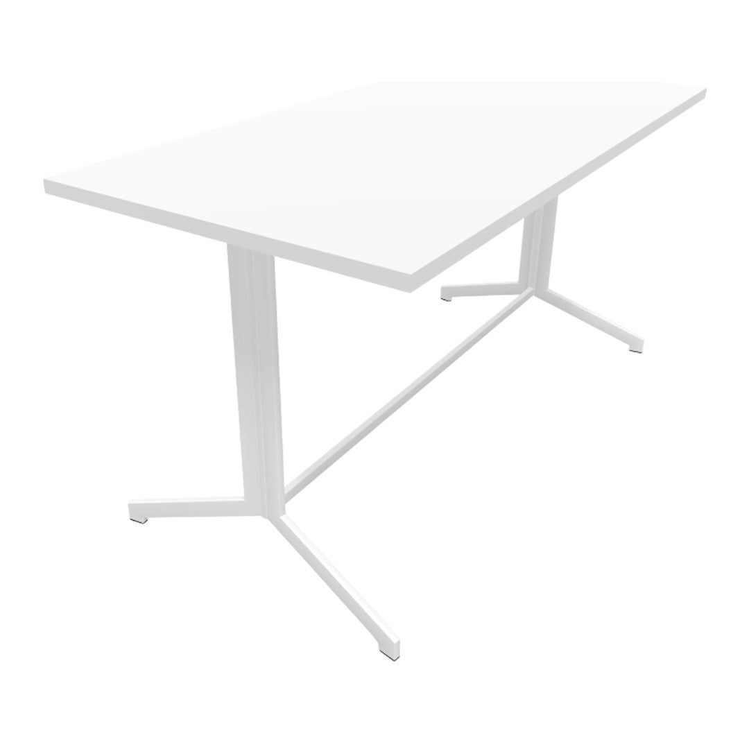 White modern table with a sleek, minimalist design and a smooth surface, featuring a sturdy white metal frame.