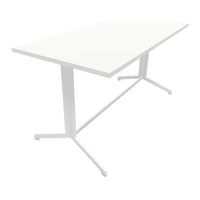 White modern table with a sleek, minimalist design and a smooth surface, featuring a sturdy white metal frame.