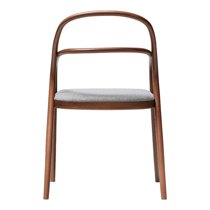 Brown wooden chair with a smooth, curved back and a light grey upholstered seat. Minimalist design with a modern touch.