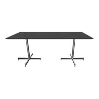 Modern black rectangular table with sleek silver metal legs, featuring a smooth wood grain pattern on the surface.