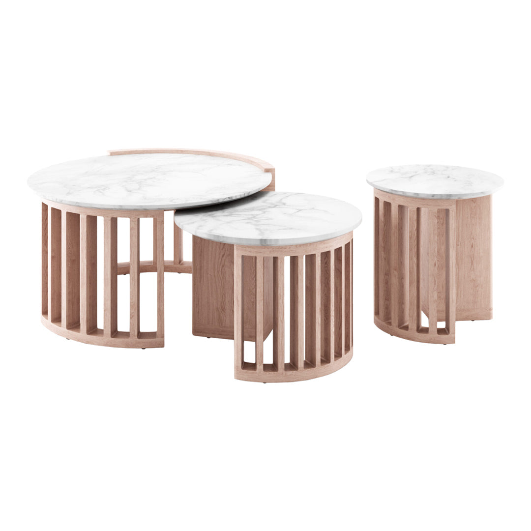 Three modern coffee tables featuring white marble tops and natural wood bases with vertical slat patterns.