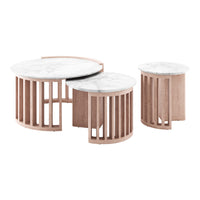 Set of three coffee tables featuring marble tops and sleek wooden bases, showcasing a modern, minimalist design.