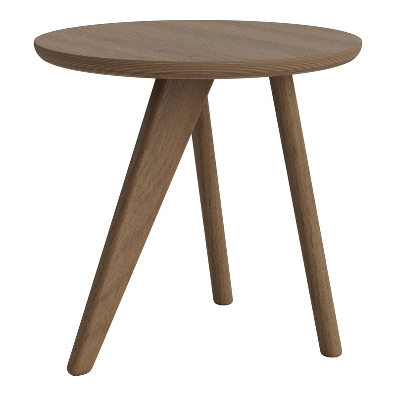 Natural wood side table with a smooth round top and three tapered legs in a warm, earthy brown tone.