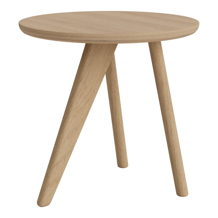 Light natural wood round side table with minimalist design and smooth finish, featuring tapered legs.