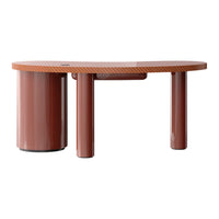 Modern oval table in a rich rust color with a textured surface and sleek cylindrical legs. Ideal for contemporary decor.