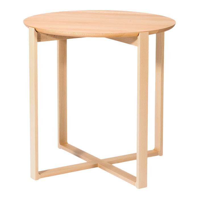 Light natural wood round table with a sleek cream-colored metal base, showcasing a minimalist design.