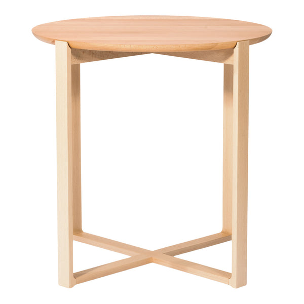 Round wooden table with a light natural finish and beige legs, featuring a minimalist design. Perfect for modern decor.