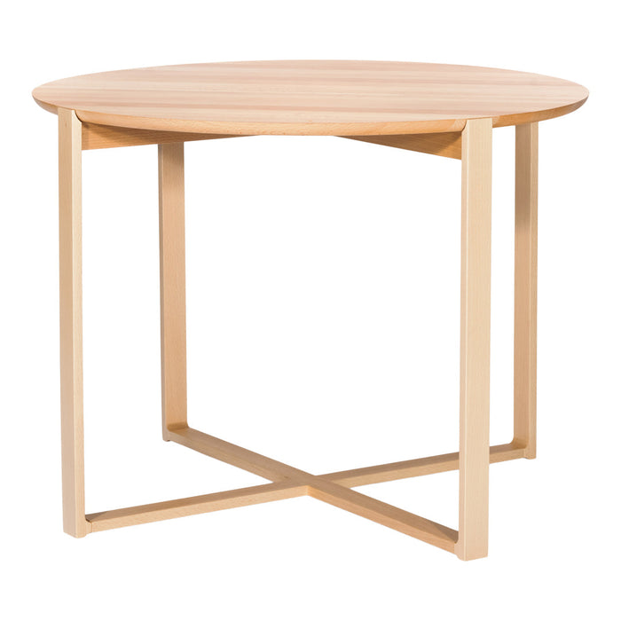 Natural wood round coffee table with a light beige finish and simple geometric design.