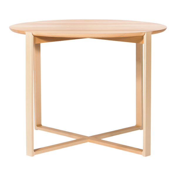 Light wood round table with a smooth finish and minimalistic design, featuring natural wood tones and a simple frame.