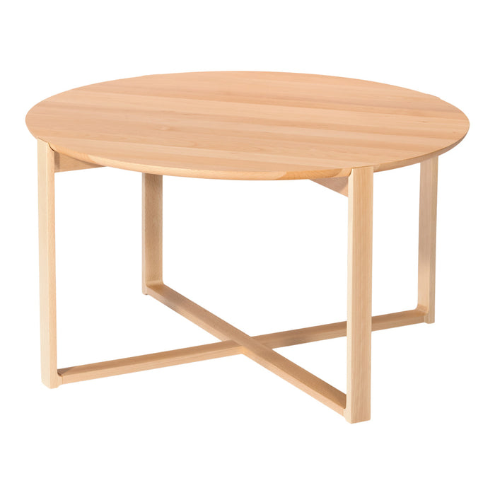 Light wood round coffee table with a smooth finish and simple, modern design.