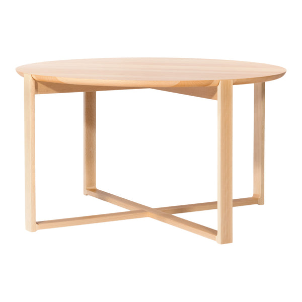 Light wood round coffee table with a smooth surface and minimalistic design, featuring natural grains and tones.