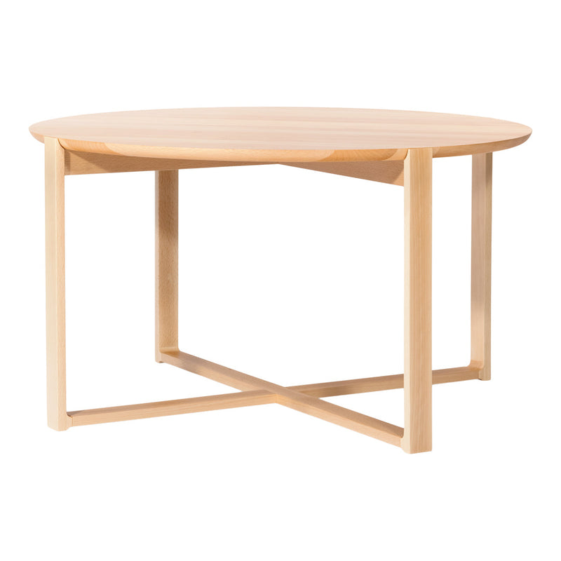 Light wood round coffee table with a smooth surface and minimalistic design, featuring natural grains and tones.