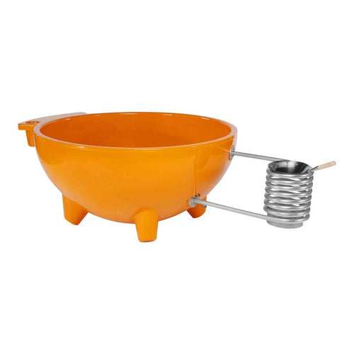 Bright orange bowl with fun, rounded design and metallic tool attachment for easy serving. Ideal for vibrant kitchen decor.