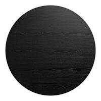 Round table with a sleek black finish and subtle wood grain pattern. Ideal for modern and minimalistic decor.