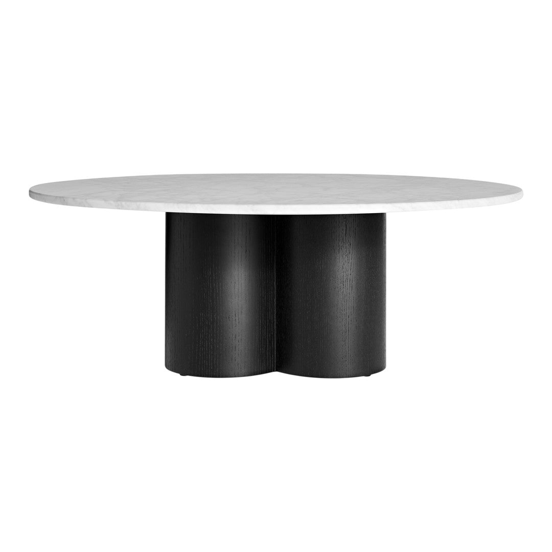 Round table with a sleek white marble top and modern matte black double-pedestal base. Minimalist design.
