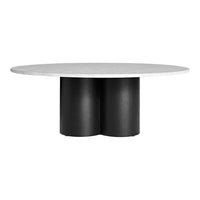 Round table with a sleek white marble top and modern matte black double-pedestal base. Minimalist design.