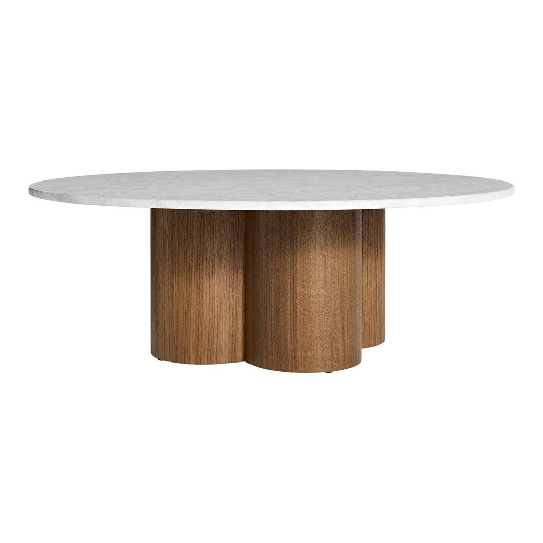 Round dining table with a white marble top and three cylindrical wooden legs in a warm brown finish.