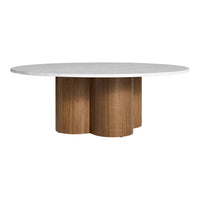 Round dining table with a white marble top and three cylindrical wooden legs in a warm brown finish.
