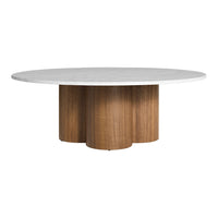 Round white tabletop with natural wood base, featuring a smooth finish and elegant design. Ideal for modern decor.