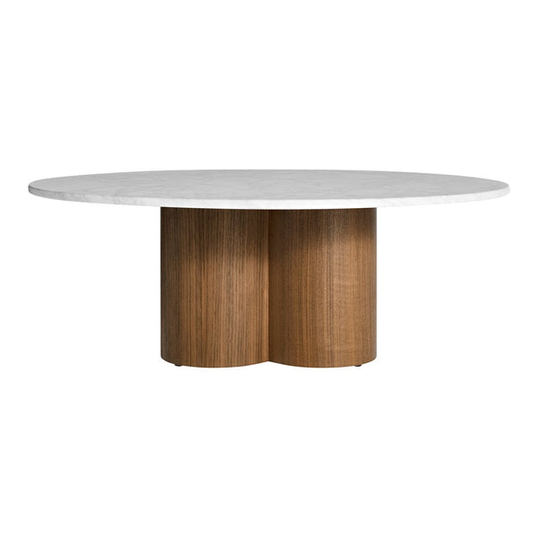 Round white marble table with a wooden base featuring a ribbed pattern in warm tones. Elegant and modern design.