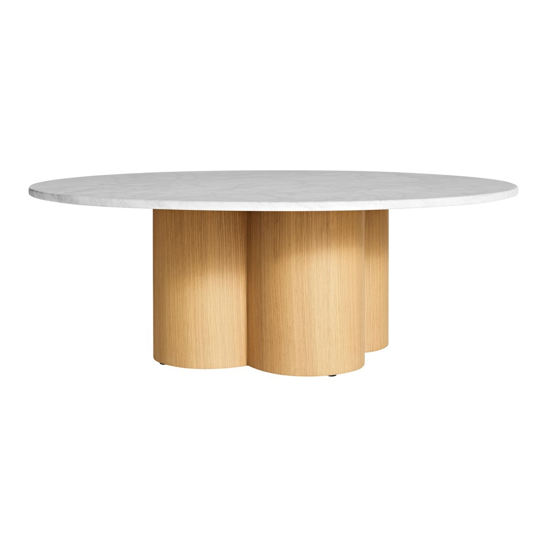 Round table with a white marble top and light wooden pedestal, featuring a smooth, modern design.