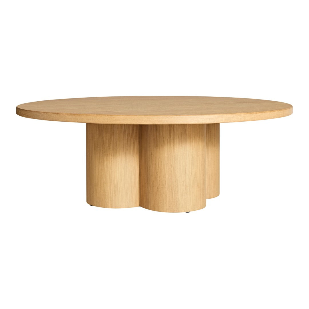 Round wooden coffee table in a light natural finish with a smooth surface and curved pedestal base.