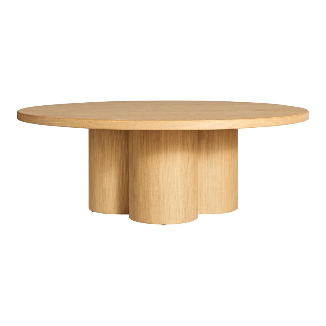 Natural wood round dining table with a smooth finish and ribbed column legs. Perfect for modern decor.