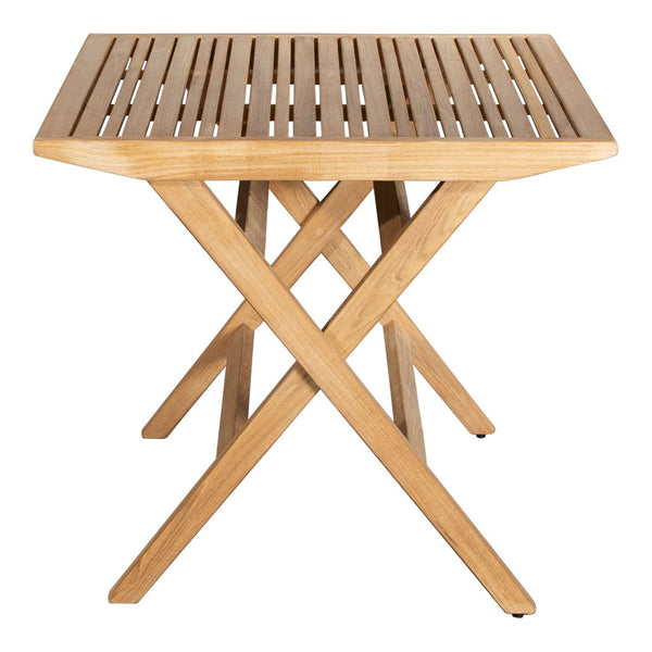 Natural wood table in light oak color with slatted top and crossed leg design. Perfect for outdoor or indoor use.