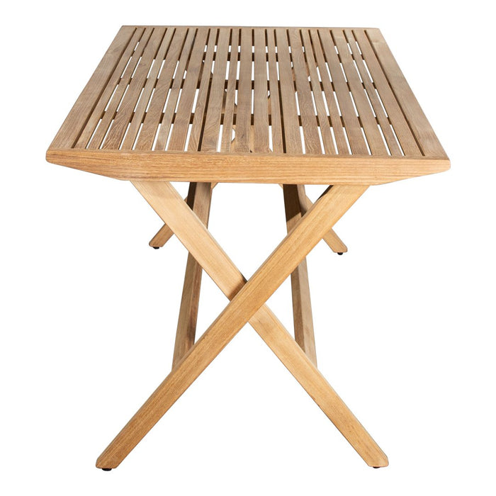 Natural wood dining table with a slatted top and a light brown finish, featuring a sturdy X-shaped base.
