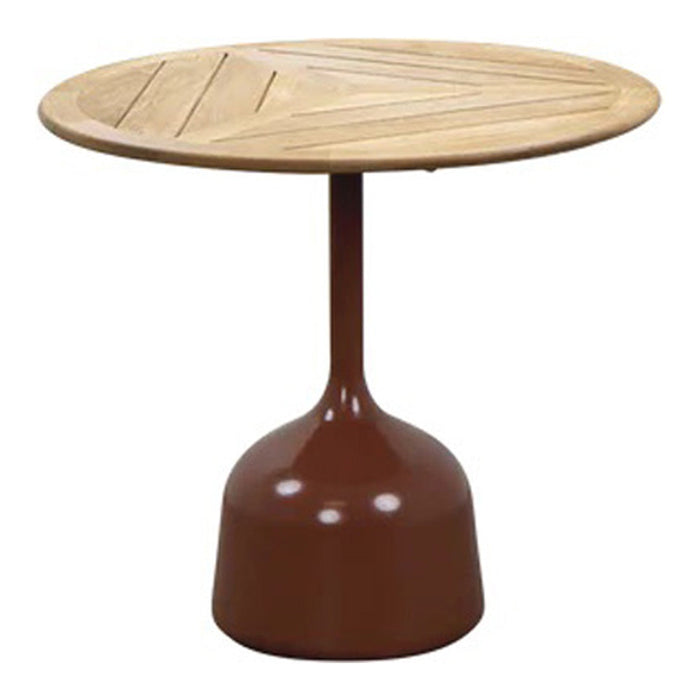 Round wooden dining table with a light wood top and brown pedestal base featuring a striped pattern.
