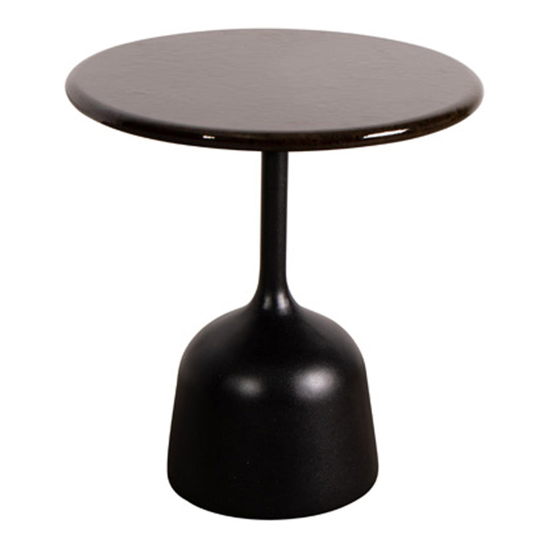 Round black side table with a smooth top and a sleek hourglass base, featuring a modern and minimalist design.