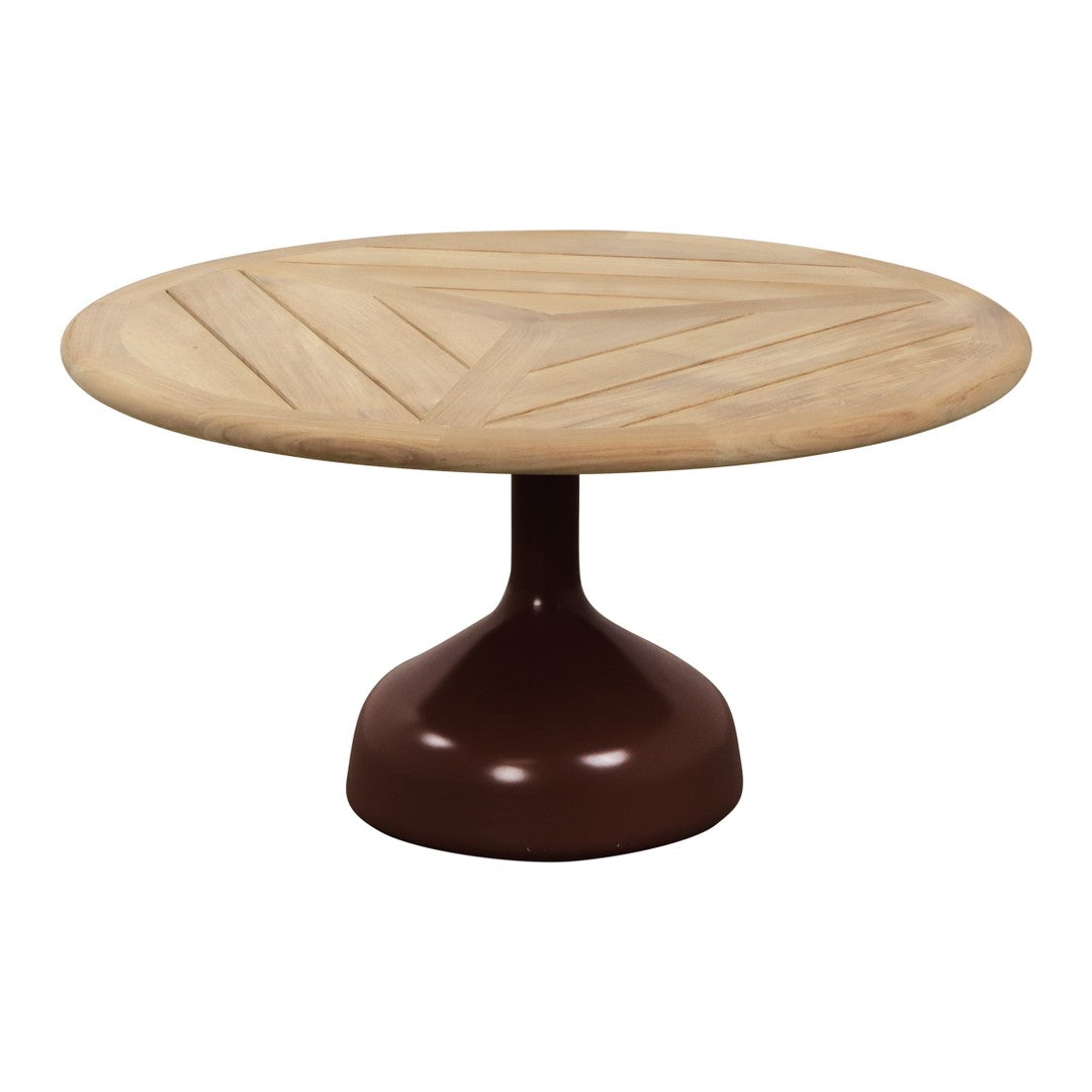 Round wooden coffee table with a natural wood finish and geometric patterns on top, featuring a dark brown base.