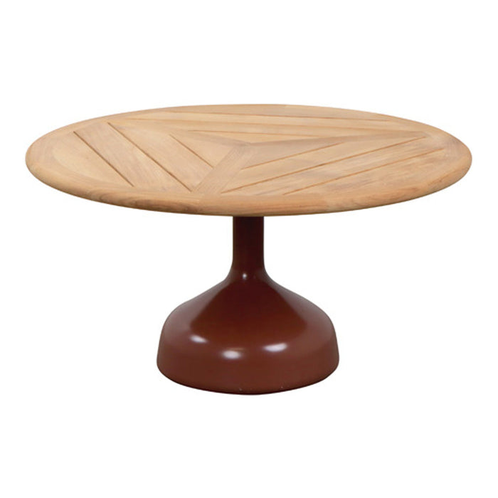 Round wooden coffee table with a natural wood finish and a brown pedestal base featuring a chevron pattern design.