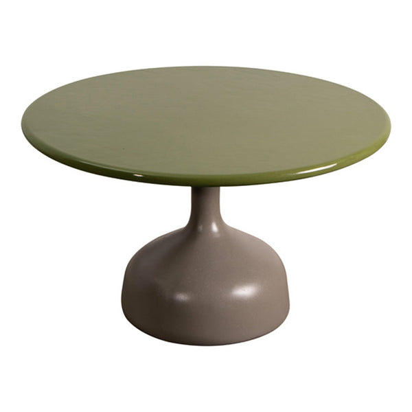 Round table with a glossy olive green top and a smooth, matte taupe pedestal base. Modern, minimalist design.