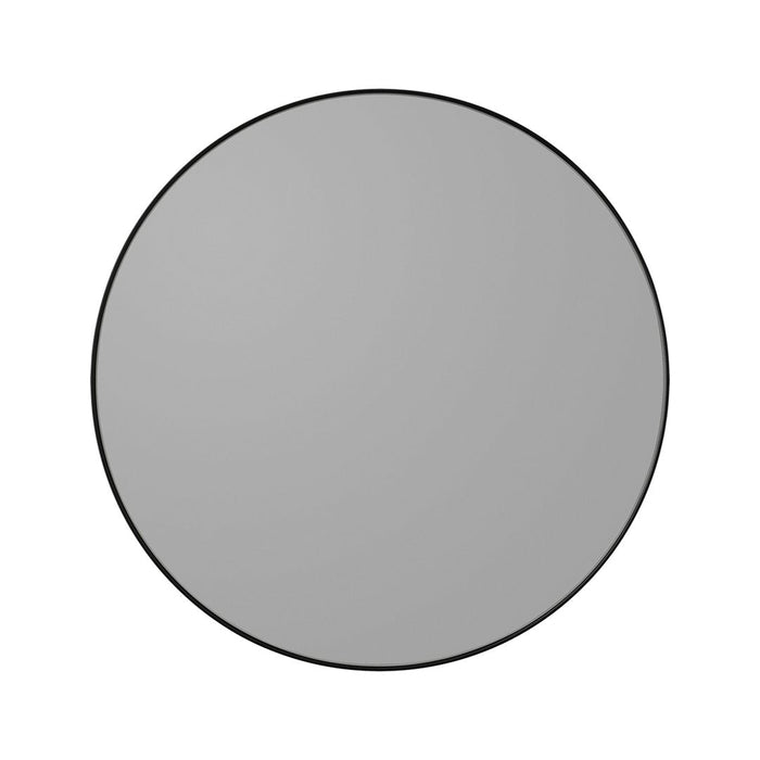 Round gray wall mirror with a sleek black border, featuring a smooth, minimalist design. Perfect for modern decor.