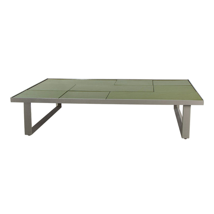 Rectangular coffee table with a light green surface and sleek silver legs, showcasing a modern minimalist design.